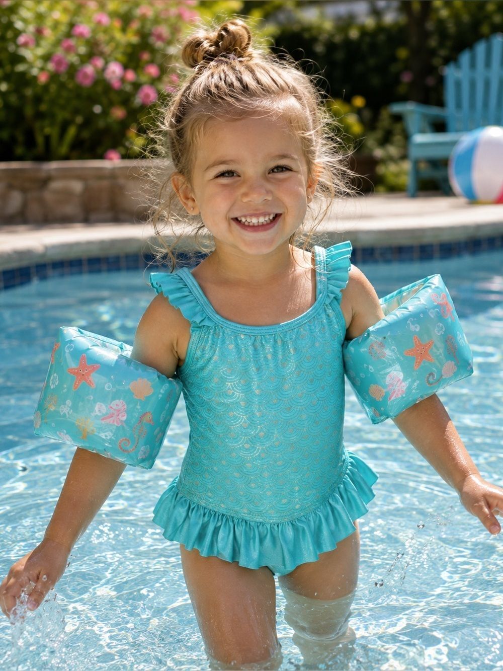 Cat & Jack Swimsuit Youth 4/5 Mermaid Teal Silver Ruffled Strap Girls Swim Beach